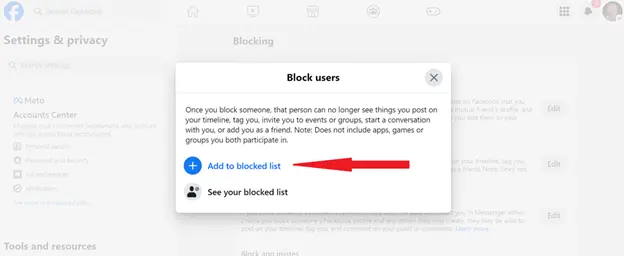 añadir usuario a lista de bloqueo en Facebook