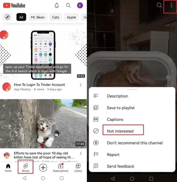 configurar Shorts como "No Interesado"
